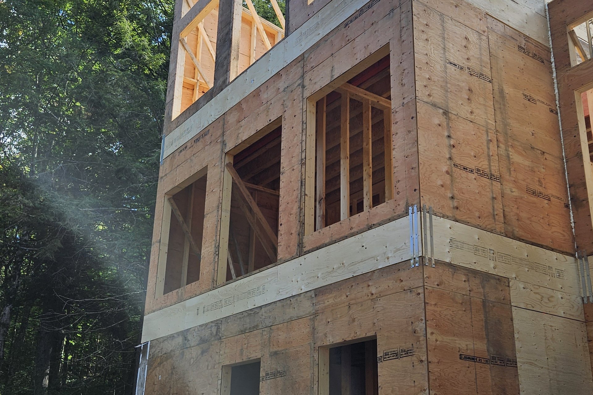 Construction — Framing Stage A tall, multi-story building frame made of wood and plywood sheathing stands against a blue sky with green trees in the background, showing large window openings.