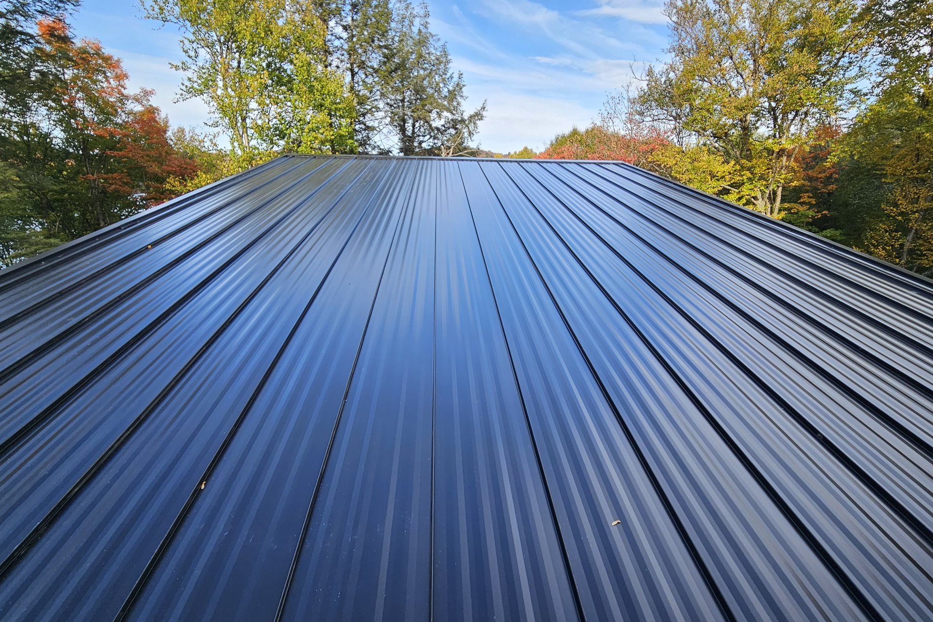 Roofing — Metal Roof Installation A newly installed black metal standing seam roof is shown under a blue sky with autumn trees in the background.